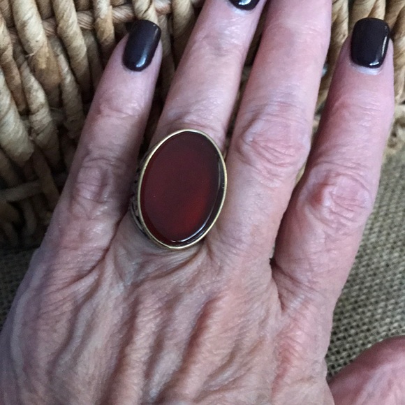 Red Agate Oval Statement Ring Stainless Steel - Picture 3 of 5